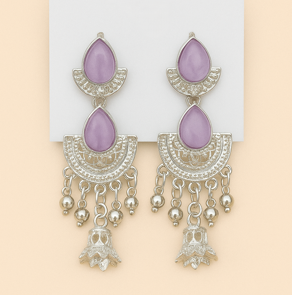 Elegant Silver-Plated Purple Stone Earrings with Jhumka Danglers