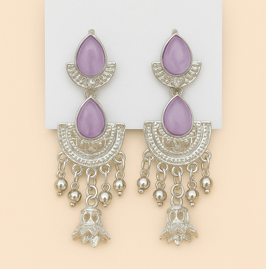 Elegant Silver-Plated Purple Stone Earrings with Jhumka Danglers