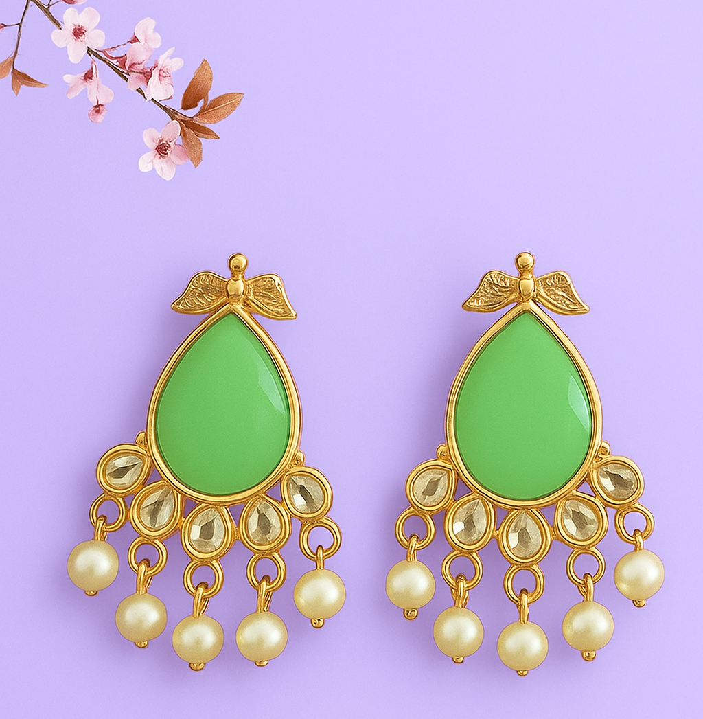 Traditional Green Stone Gold-Plated Earrings with Pearl Danglers