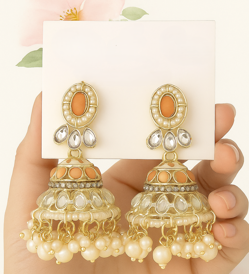 Traditional Kundan Pearl Jhumka Earrings with Orange Stone and Gold Finish