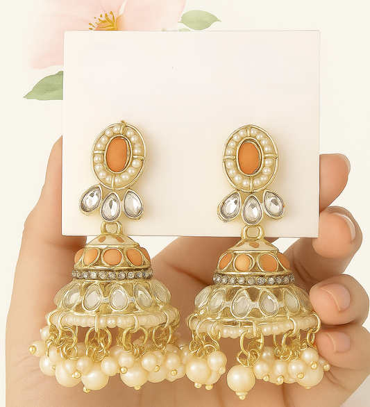 Traditional Kundan Pearl Jhumka Earrings with Orange Stone and Gold Finish