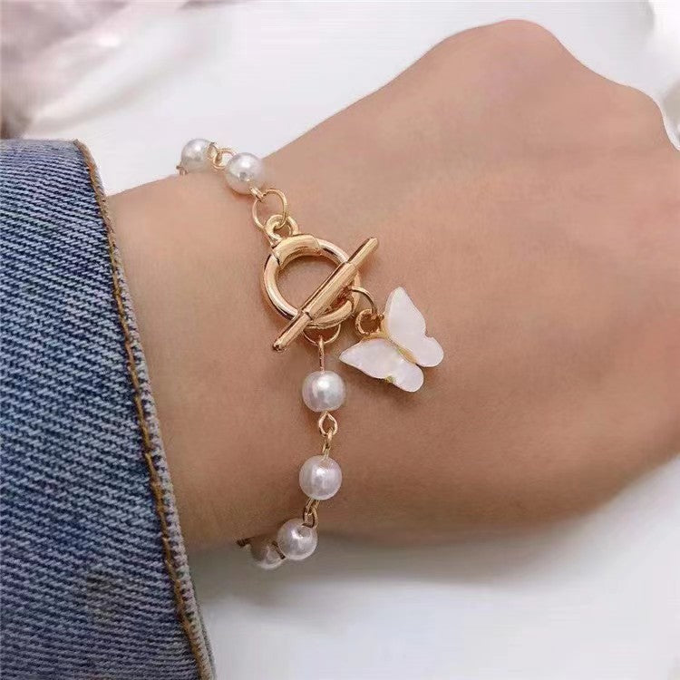 Pearl Butterfly Charm Bracelet for Women – Gold Toggle Clasp
