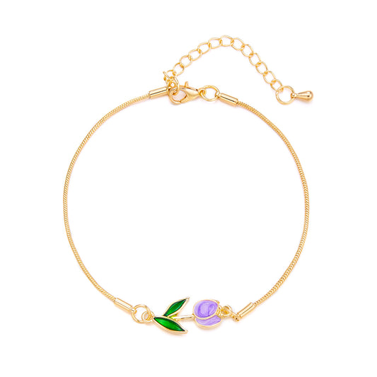 Gold-Plated Purple Flower Anklet with Green Leaf Charm – Adjustable Chain