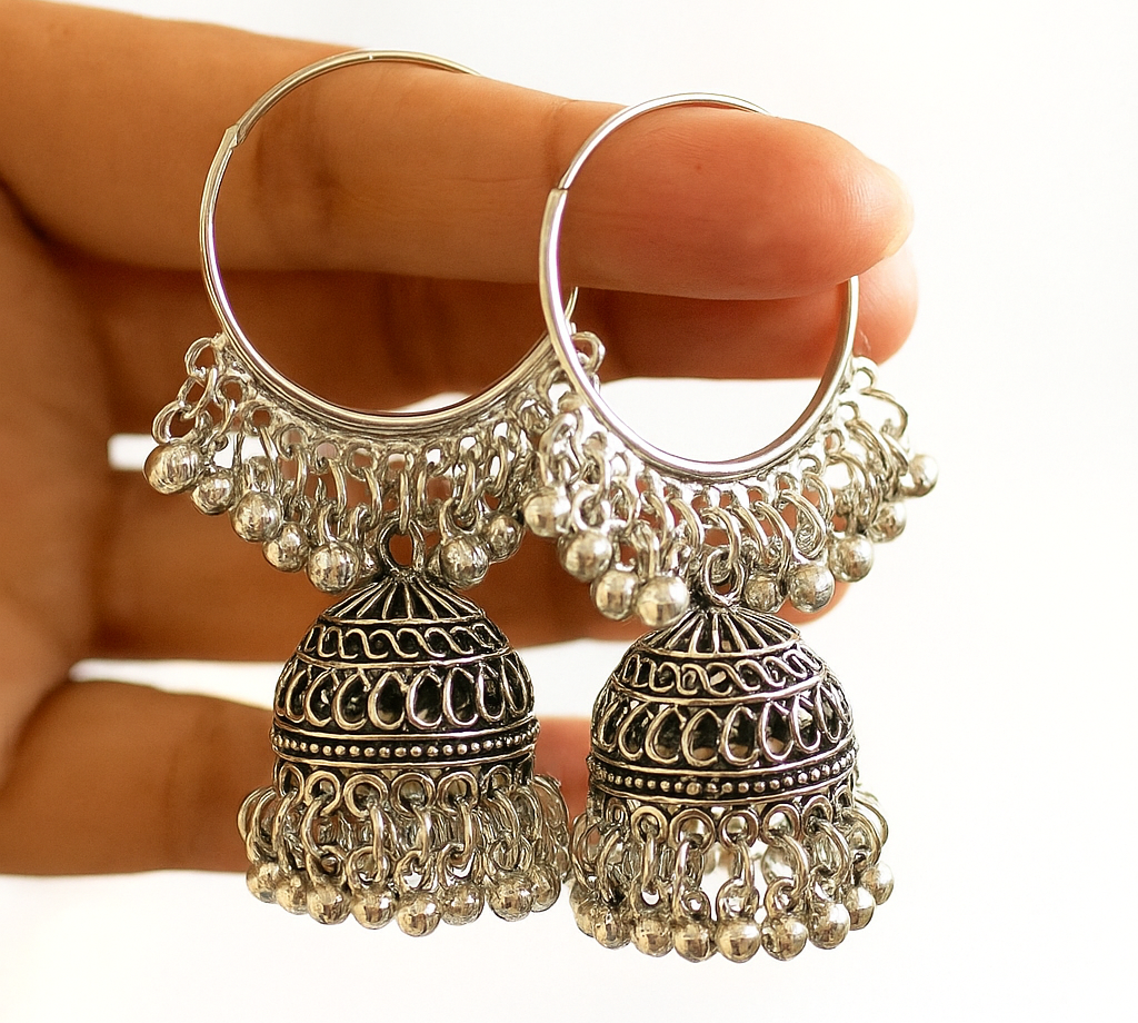 Traditional Oxidized Silver Hoop Jhumka Earrings with Ghungroo Detailing