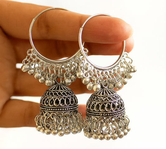 Traditional Oxidized Silver Hoop Jhumka Earrings with Ghungroo Detailing