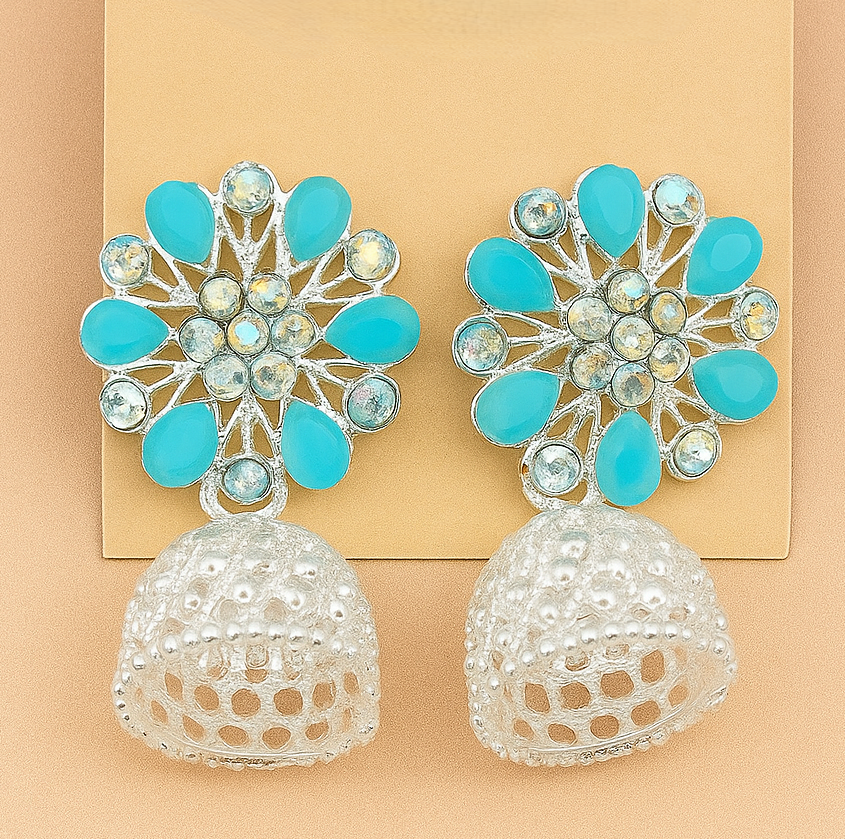 Designer Sky Blue Stone Floral Earrings with Silver Jhumka Danglers