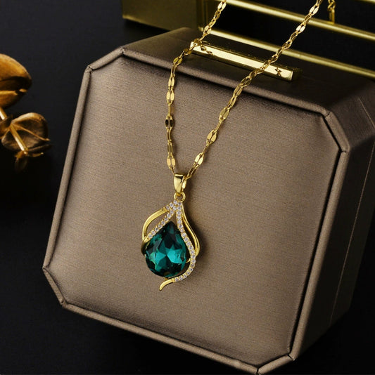 Luxury Gold-Plated & Green Teardrop Crystal Pendant