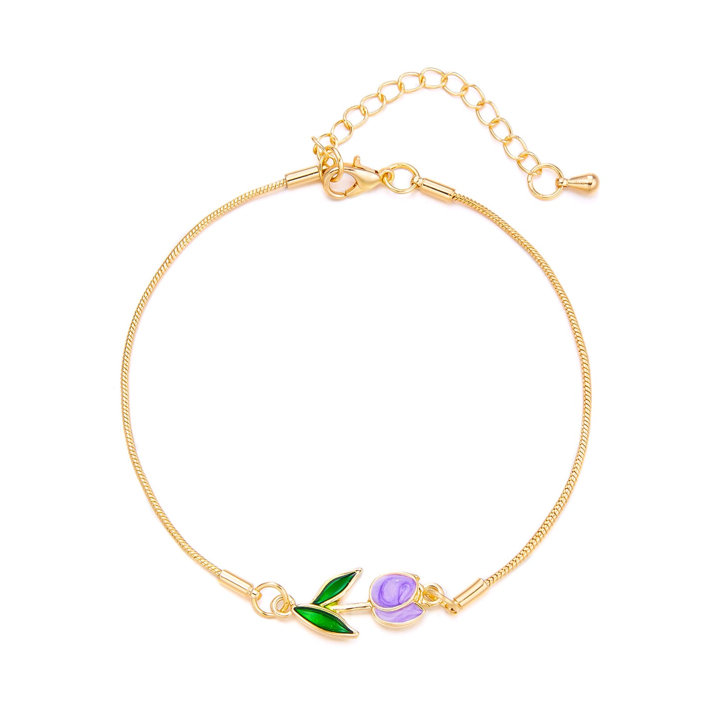 Gold-Plated Purple Flower Anklet with Green Leaf Charm – Adjustable Chain