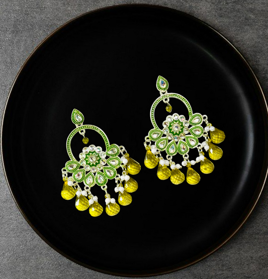 Green & Yellow Chandbali Drop Earrings – Traditional Festive Glamour