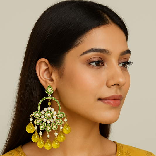 Green & Yellow Chandbali Drop Earrings – Traditional Festive Glamour